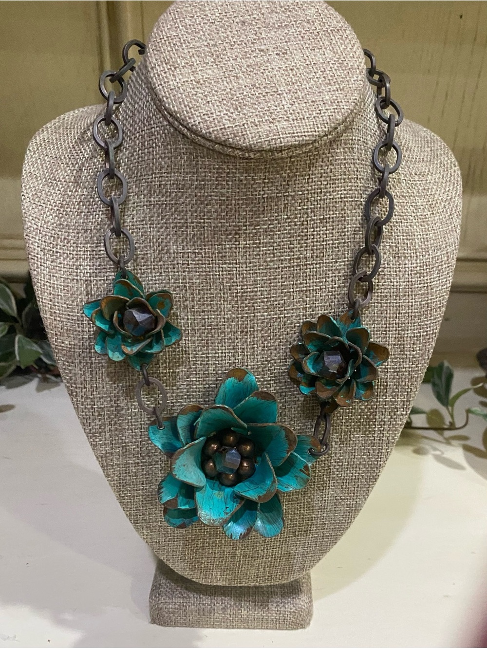 Vintage Turquoise Metal Flower Statement Necklace Topaz Crystal Floral